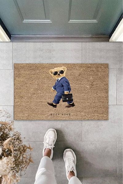 Mu Art Ahşap Bfs Beige Door Mat Rush Hour Teddy Bear Pattern K-3318