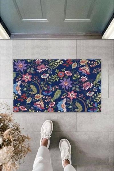 Mu Art Ahşap Bfs Digital Multiple Flowers Navy Blue Door Mat Outdoor Mat K-3066