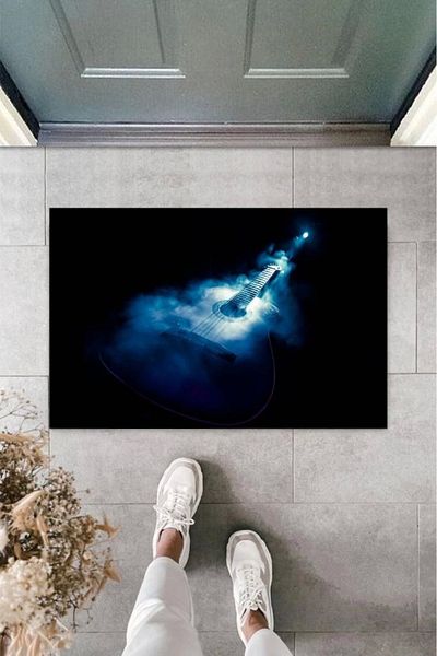 Mu Art Ahşap Bfs Digital Printing Black Blue Guitar Door Mat K-2111