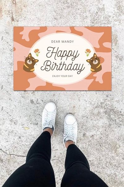 Mu Art Ahşap Bfs Digital Printing Dusty Rose Cat Pattern Door Mat K-1027