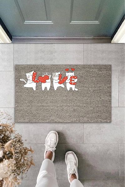 Mu Art Ahşap Bfs Digital Printing Gray Love Letters Holding White Cats Decorative Door Mat K-2067