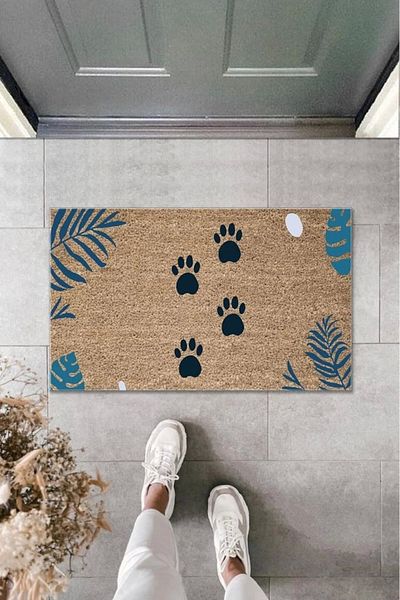 Mu Art Ahşap Bfs Digital Printing Brown Blue Leafed Paw Decorative Door Mat K-2008