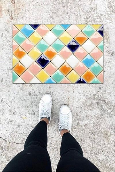 Mu Art Ahşap Bfs Digital Printing Pink Mosaic Pattern Door Mat K-1074
