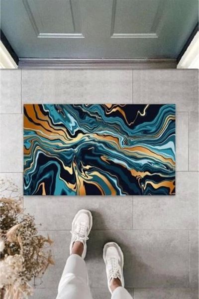 Mu Art Ahşap Bfs Decorative Digital Modern Wavy Turquoise Door Mat Outdoor Mat K-3106
