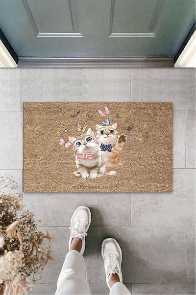 Mu Art Ahşap Bfs Digital Hi'Li Kitten Beige Door Mat Outdoor Mat K-3186