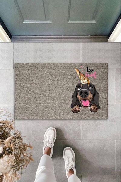 Mu Art Ahşap Bfs Digital Printing Gray Love Sweet Dog with Ice Cream Cone on Head Decorative Door Mat K-2055