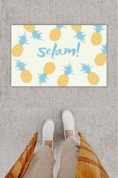 Mu Art Ahşap Bfs Digital Printing Decorative Pineapple Blue Door Mat K-1214