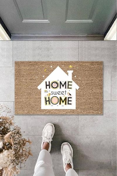 Mu Art Ahşap Bfs Digital Printing Brown Home Sweet Home Written White Home Decorative Door Mat K-2006