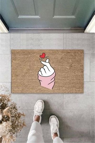 Mu Art Ahşap Bfs Brown Door Mat Finger Heart Figure Pattern K-3234
