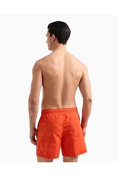 Emporio Armani Men's Elastic Tie Waist Short Length Brand Lettering Pattern Red Swimwear Em000583 Af12326-U5026