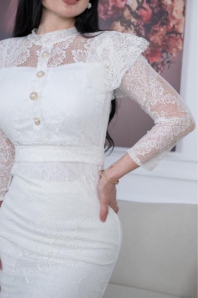 Nice Model White Midi Lace Dress Long Sleeve Pearl Button Elegant Wedding Party Formal Evening Gown