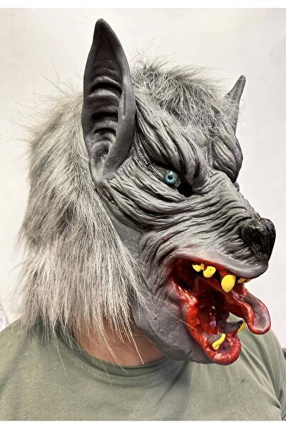 Skygo Kafaya Tam Geçmeli Lateks Dil Çıkaran Mavi Gözlü Kurt Maskesi