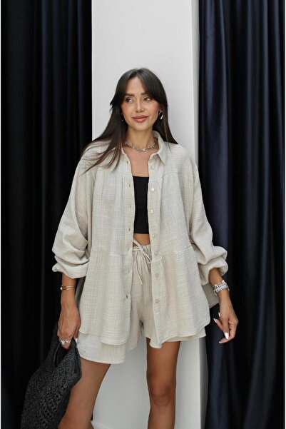 Havoş Beige Platt Shirt Shorts Muslin Set