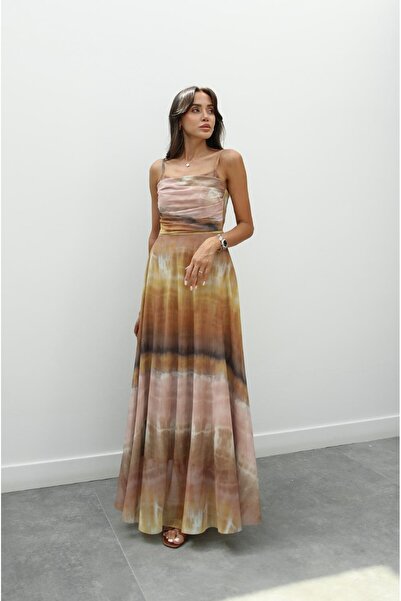 Havoş Light Brown Tie-Dye Patterned Flounce Dress
