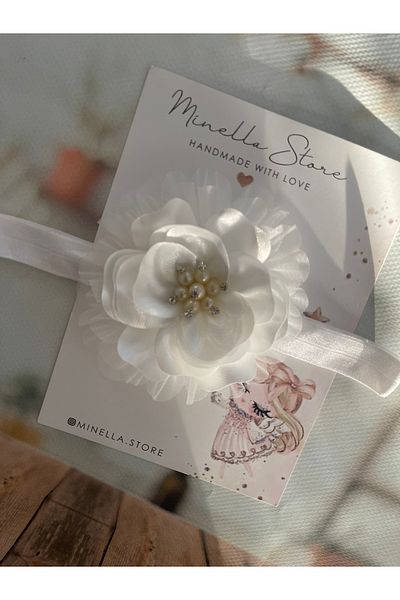 MİNELLASTORE Minella Store Satin Shiny Organza Layered Rose Flower with Pearls and Stones 0-3 Years Baby Bandana