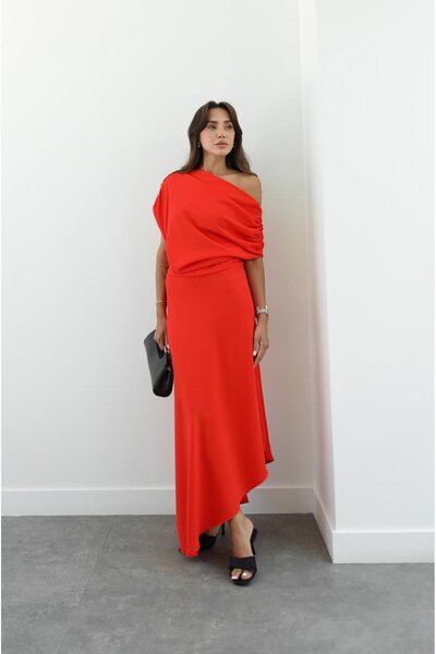 Havoş Red Long Dress with Drawstring Detail on the Shoulders