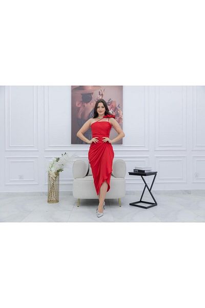 Nice Model Red Midi Dress with Rose Detail - Elegant Crepe Evening Dress for Women
