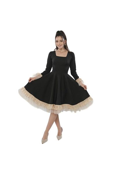 Nice Model Elegant Midi Crepe Dress with Lace Trim - Long Sleeve Women's Formal Evening Party Outfit