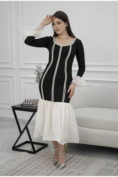 Nice Model Elegant Long Sleeve Crepe Gown with Lace Trim - Women's Formal Evening Maxi Style