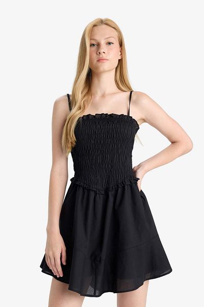 DeFacto Coool Strap Voile Mini Black Dress F7671Ax25Sm