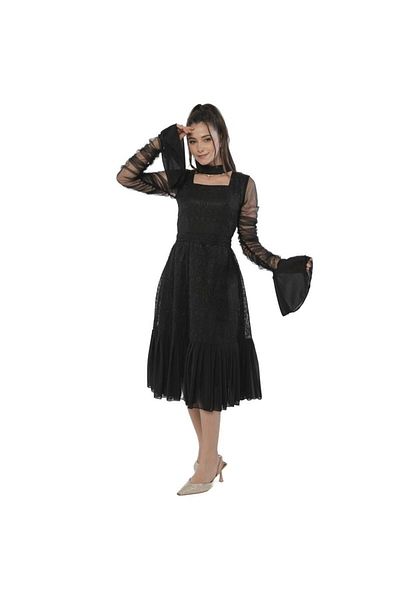 Nice Model Elegant Lace Dress with Sheer Tulle Sleeves - Women's Evening Gown Party Outfit