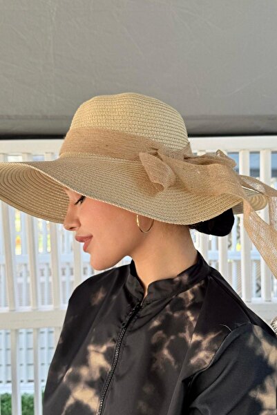 Hazamoda Ψάθινο καπέλο με φιόγκο μπεζ