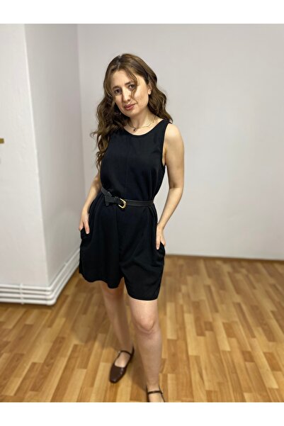 Butik Kadın Siyah Arkası Bağlamalı Cepli Kolsuz Şort Tulum