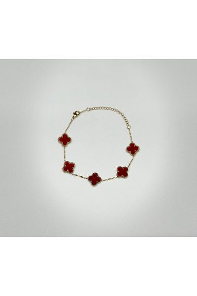 MSE SHOP Clover Model Gold Color Burgundy Stone Steel Bracelet 17+5cm Extendable