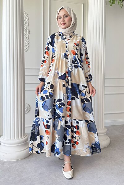InStyle Buğulu Pastel Desenli Mavi Mango Elbise