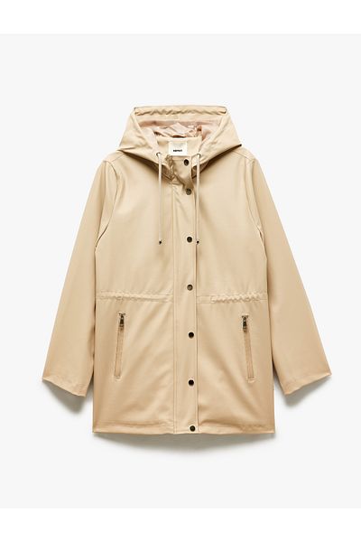 Koton New Season Lace-Up Detailed Zippered Pocket Hooded Faux Leather Raincoat