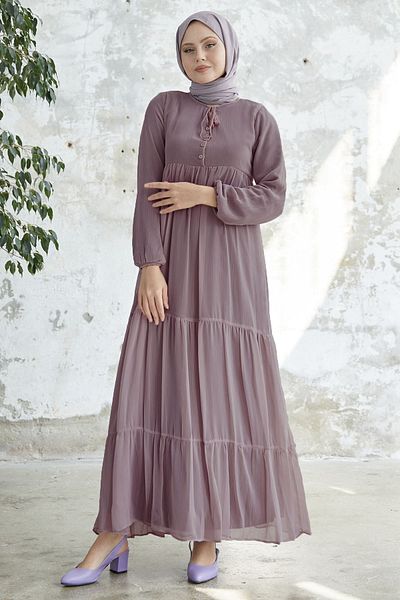 InStyle Φόρεμα Yoryo Dusty Rose σιφόν με κορδόνια στο γιακά