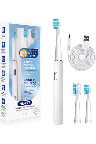 seago Electric Toothbrush for Adults, with 3 Brush Heads and 4 Modes, Rechargeable Sonic Toothbrush