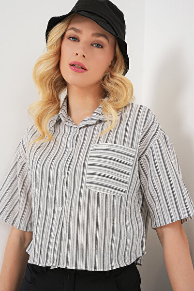 Bigdart Kadın Çizgili Crop Gömlek 20342 - Siyah