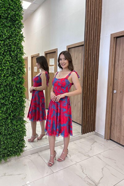 By Saygı Women's Shoulder Lace-Up Lined Tie-Dye Pattern Short Chiffon Dress