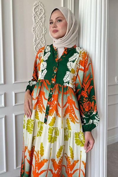 InStyle Casual Tropical Pattern Φόρεμα Βισκόζης Σκούρο Πράσινο