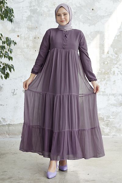 InStyle Φόρεμα Yoryo μωβ σιφόν με κορδόνια στο γιακά