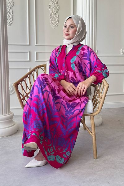 InStyle Casual Tropical Pattern Φόρεμα Βισκόζης Ροζ