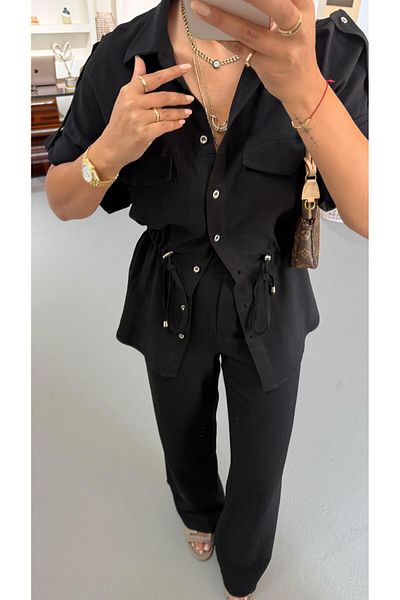 Sezgi Tekin Epaulet Waist Drawstring Detail Black Linen Suit