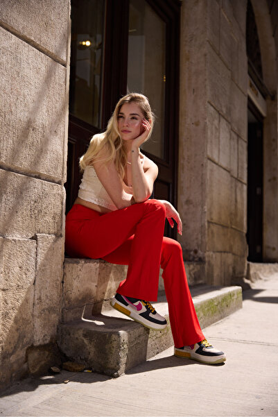 Chica Belia Yüksek Bel İspanyol Paça Toparlayıcı Kırmızı Tayt Pantolon