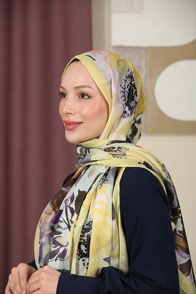 aldyoo Floral Patterned Cotton Viscose Trend Shawl Lemon Yellow