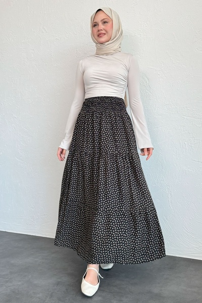 InStyle Floral Viscose Black Skirt with Elastic Waist