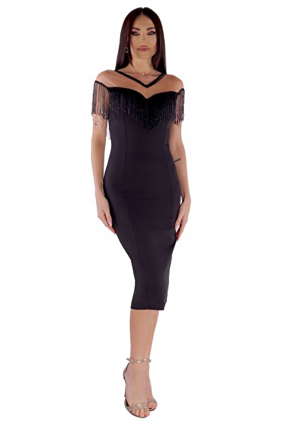 Atmosphere Fashion Rochie midi neagră cu bust cu franjuri