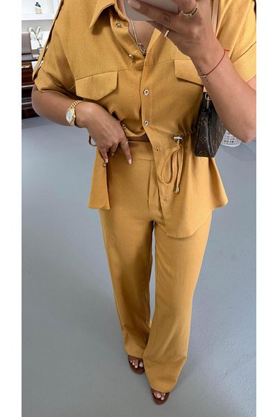 Sezgi Tekin Epaulet Waist Drawstring Detail Mustard Linen Suit