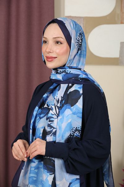 aldyoo Șal de tendință din bumbac cu modele florale, albastru bleumarin, albastru gheață