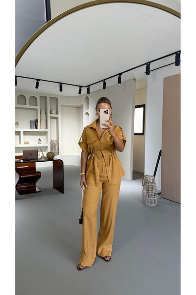 Sezgi Tekin Epaulet Waist Drawstring Detail Mustard Linen Suit