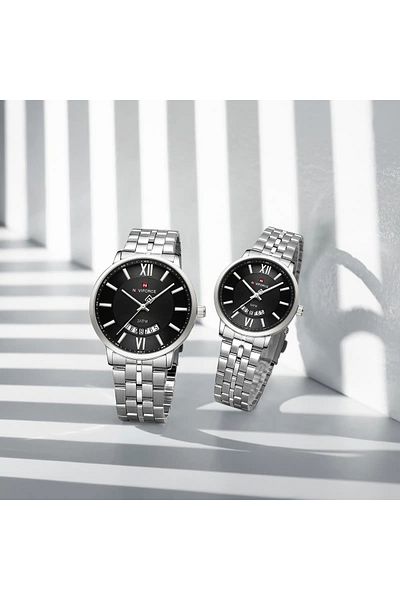 Naviforce Luxury Black Dial Couple Watch Set – Stainless Steel Waterproof Roman Numerals