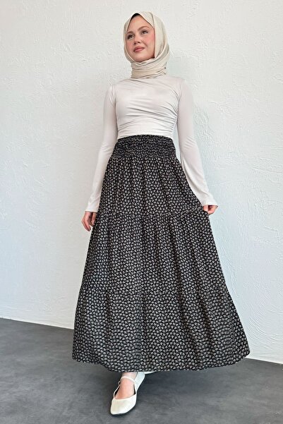 InStyle Floral Viscose Black Skirt with Elastic Waist