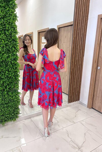 By Saygı Women's Shoulder Lace-Up Lined Tie-Dye Pattern Short Chiffon Dress