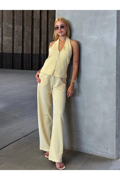 hazelin Women's Yellow Striped Front Zipper Blouse Pants Double Suit Hzl25S-Zk13691