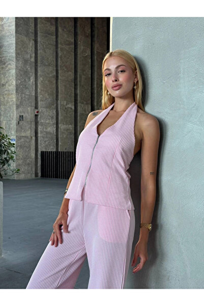 hazelin Kadın Pembe Çizgili Önü Fermuarlı Bluz Pantolon İkili Takım HZL25S-ZK13691